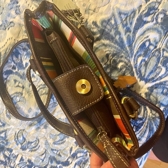 CARIBBEAN JOE (NWT) brown leather & multicolor striped canvas shoulder bag CUTE! - Picture 9 of 10